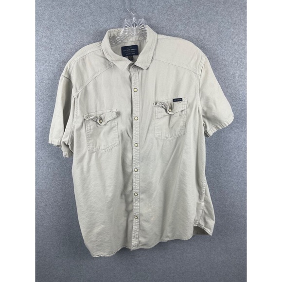 Lucky Brand Shirt Men's XL Gray Pearl Snap Short Sleeve Button Up Washed & Worn - Picture 1 of 11